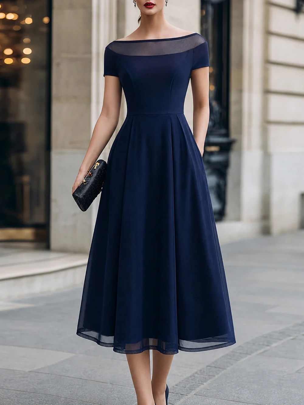 Elegant Navy Off-Shoulder A-Line Tea Dress